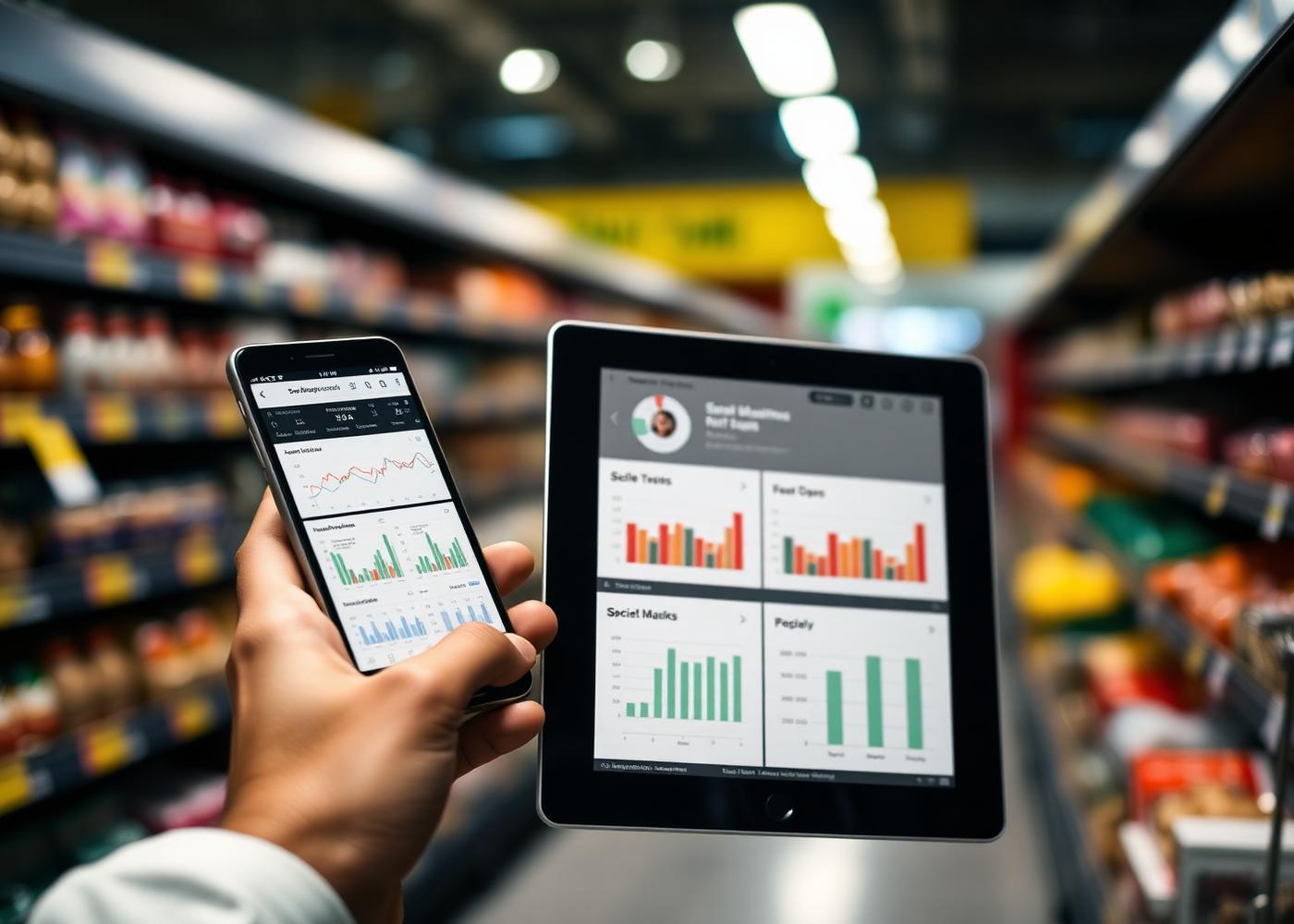 Pessoa acompanhando painéis de gestão em tempo real no celular e no tablet
