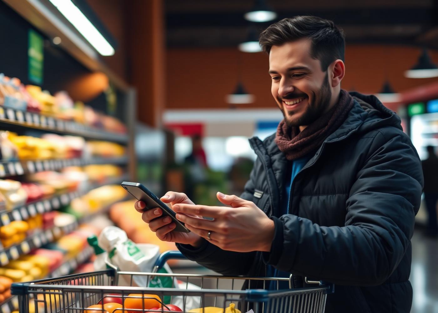 Cliente de mercado usando app de fidelidade e cashback no celular