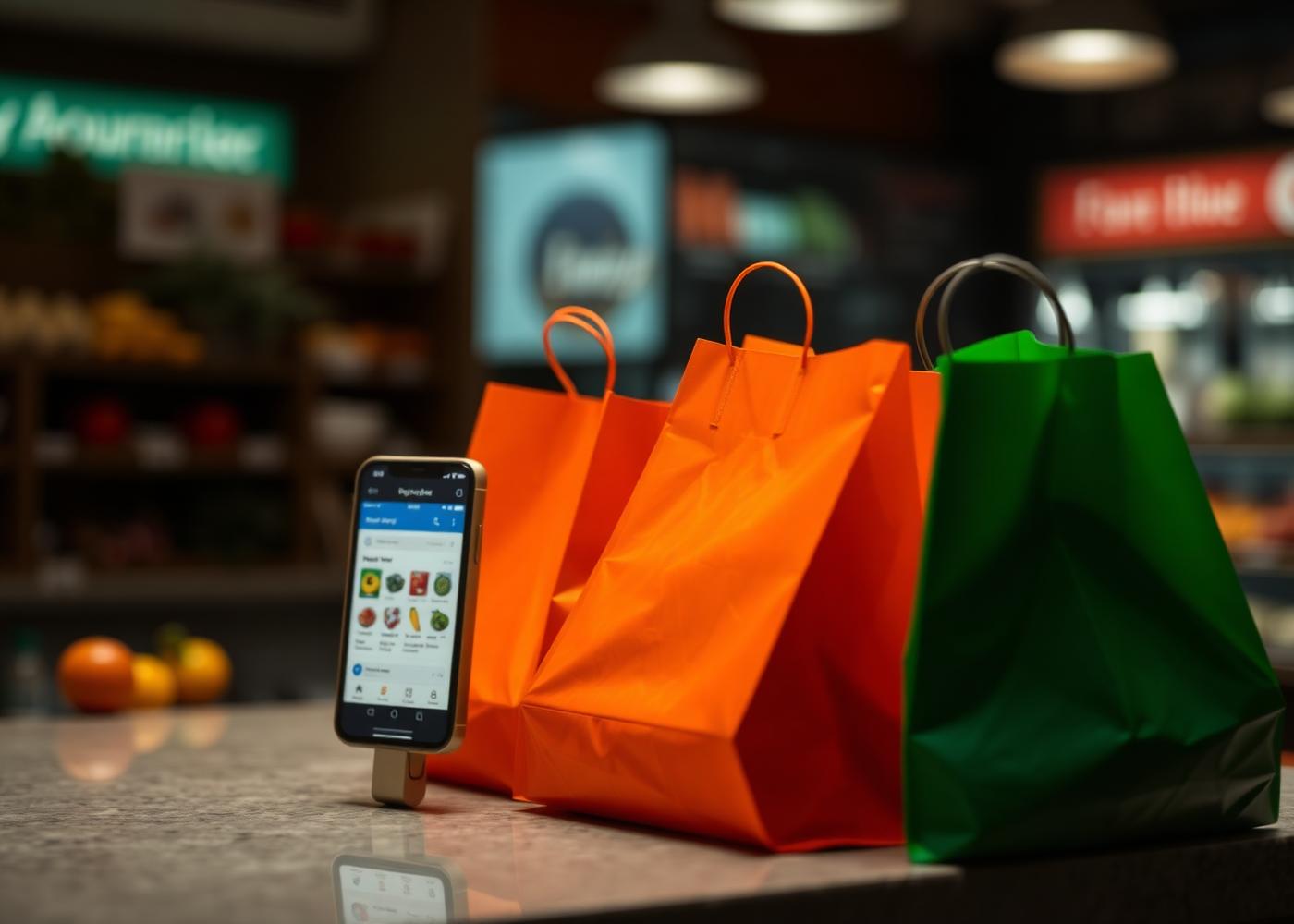 Sacolas de compras e smartphone com app de delivery de mercado