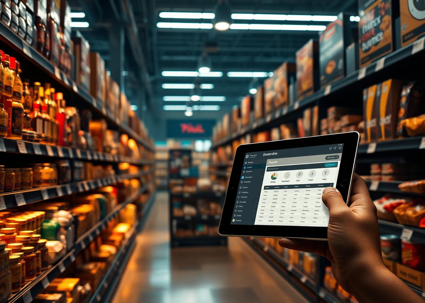 Corredores de mercado e tablet com painel de estoque por setor