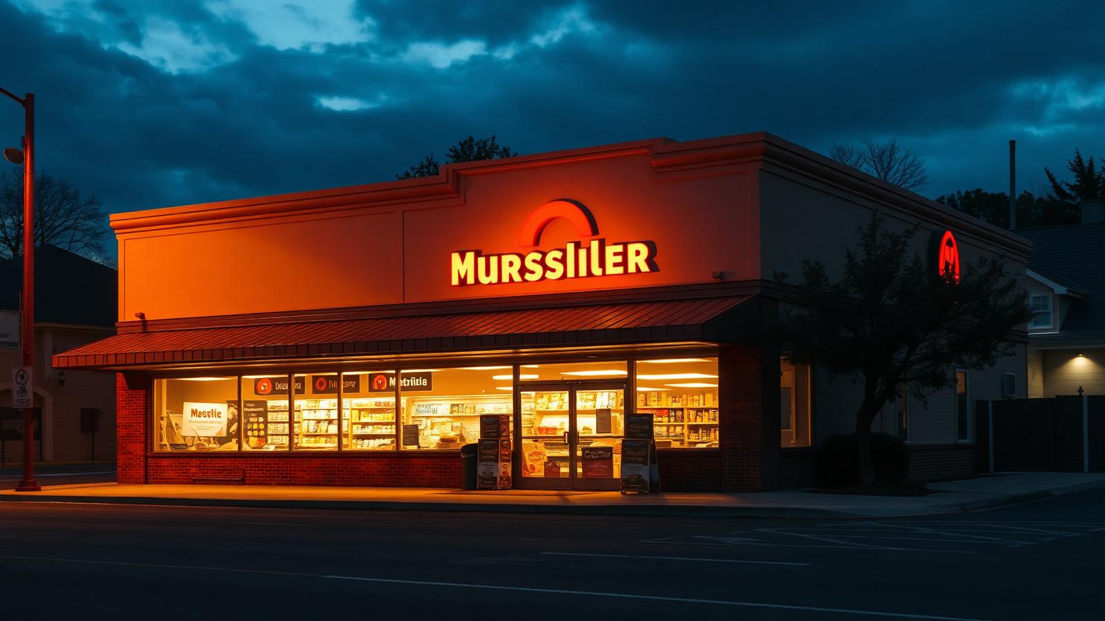 Fachada de mercado iluminada e convidativa