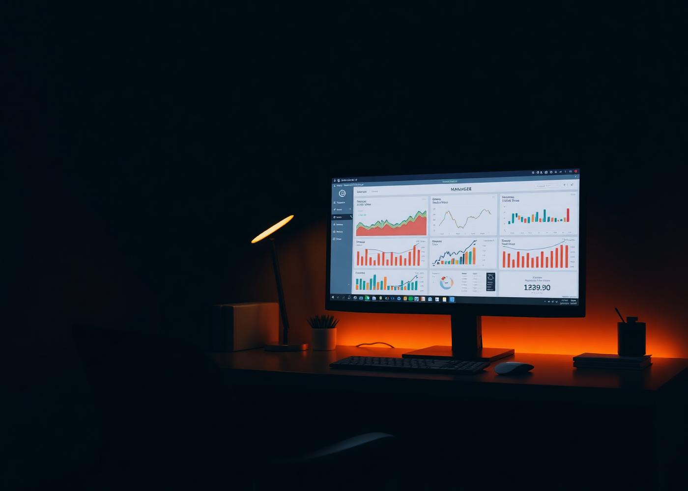 Computador exibindo painel de gestão com gráficos e relatórios