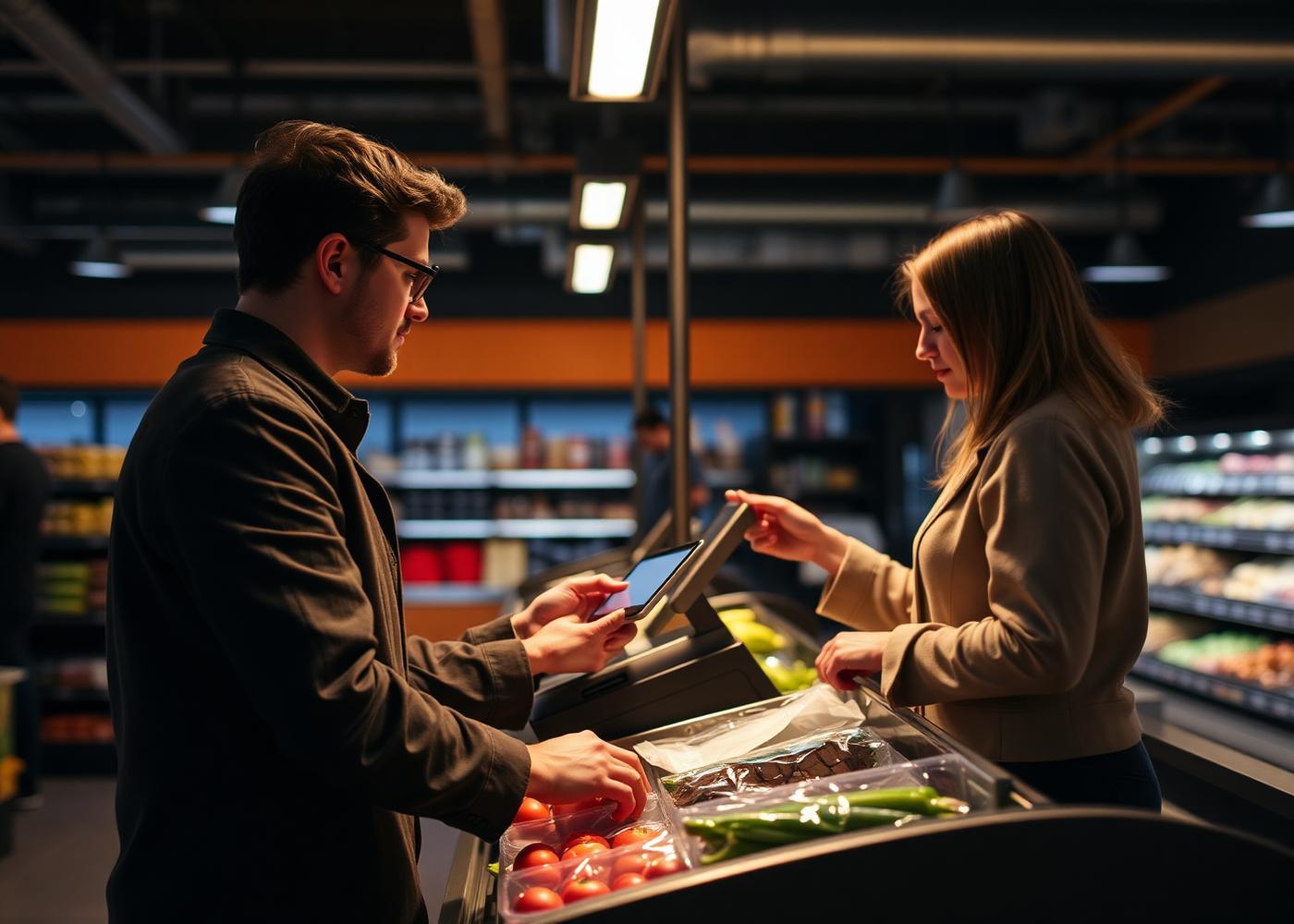 Atendente operando PDV touchscreen no caixa do mercado