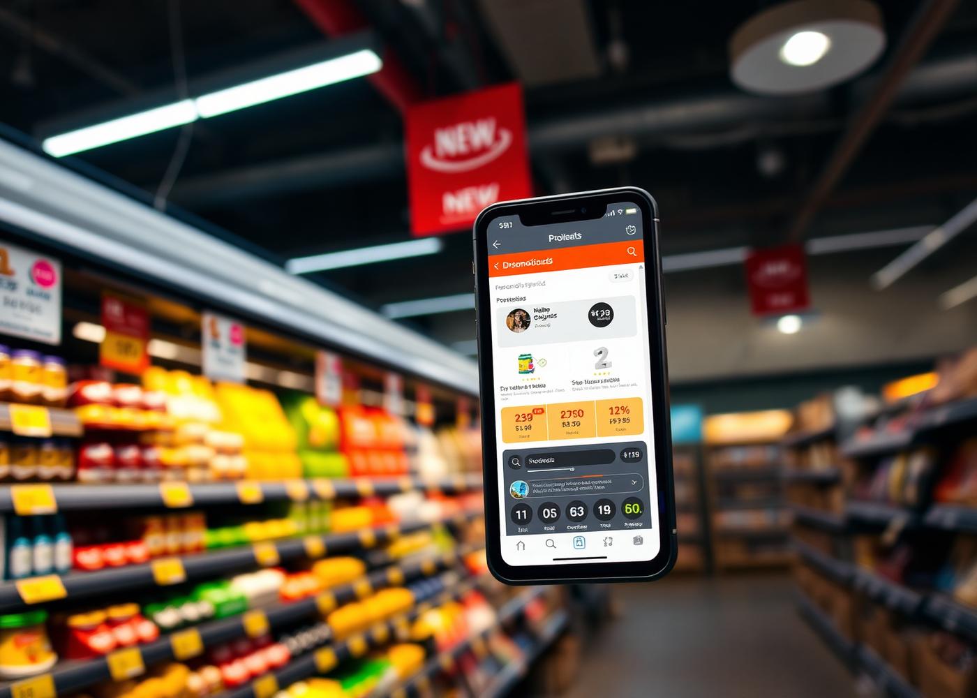 Gôndola com etiquetas de oferta e celular exibindo painel de promoções